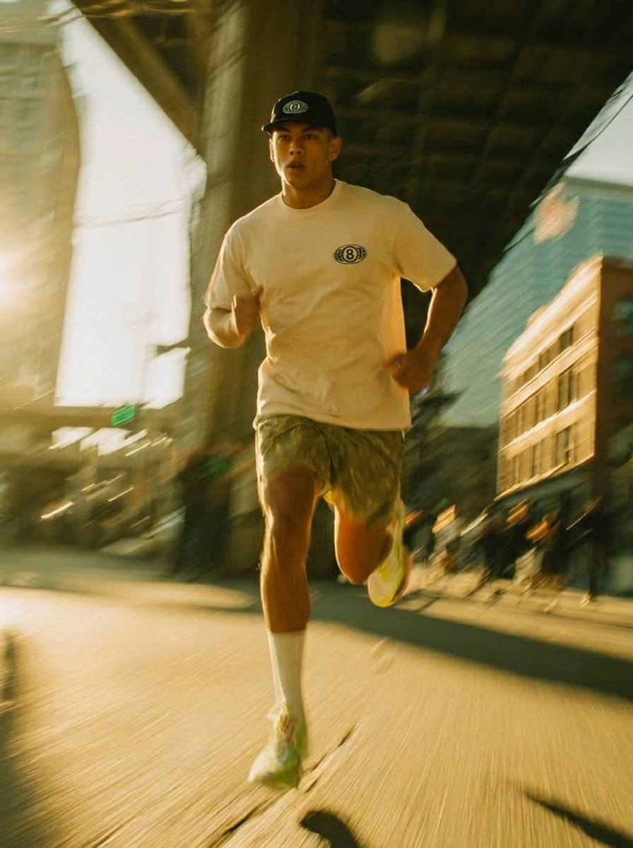 Runner in 8 Seasons cap and tee sprinting under a New York bridge at golden hour