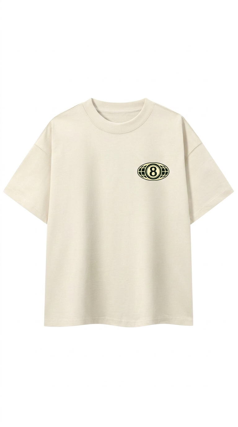 Bone heavyweight tee with the 8 Seasons oval globe-8 mark on the left chest
