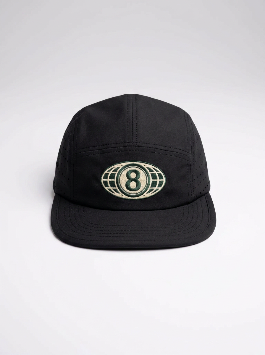 Black 5 panel running cap with the embroidered 8 Seasons globe-8 logo front and center