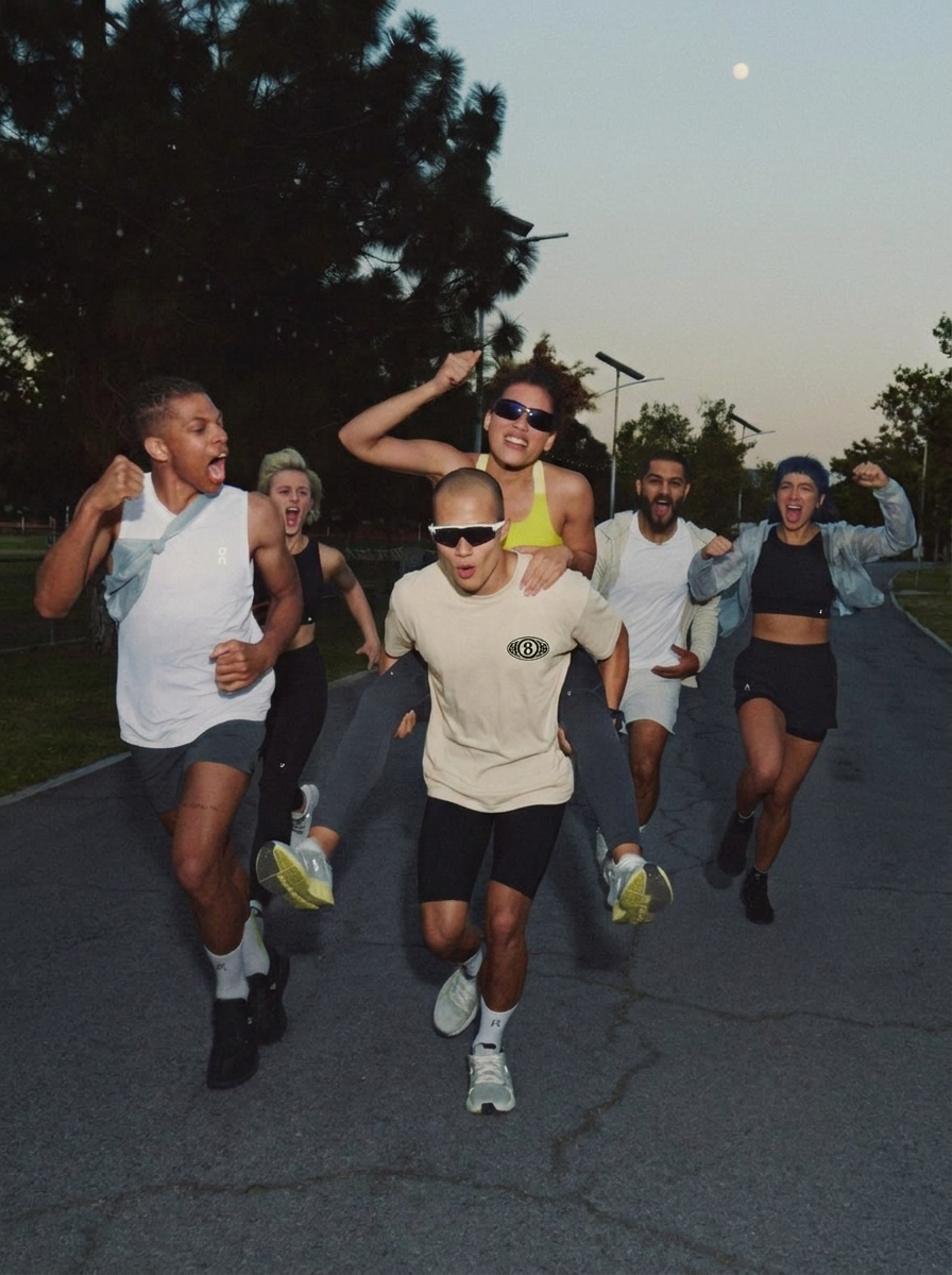 8 Seasons Run Club crew sprinting together down a park road at dusk