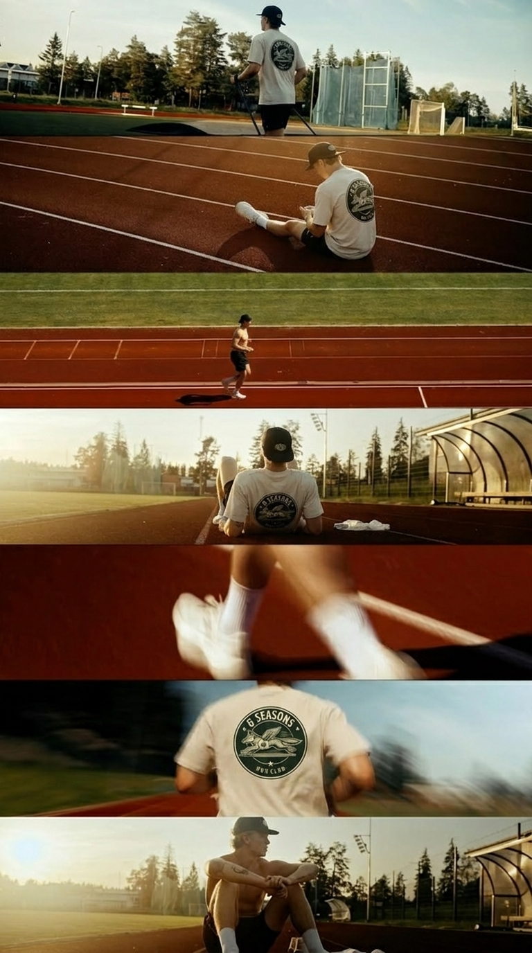 Contact sheet of 8 Seasons Run Club apparel on the track at sunset