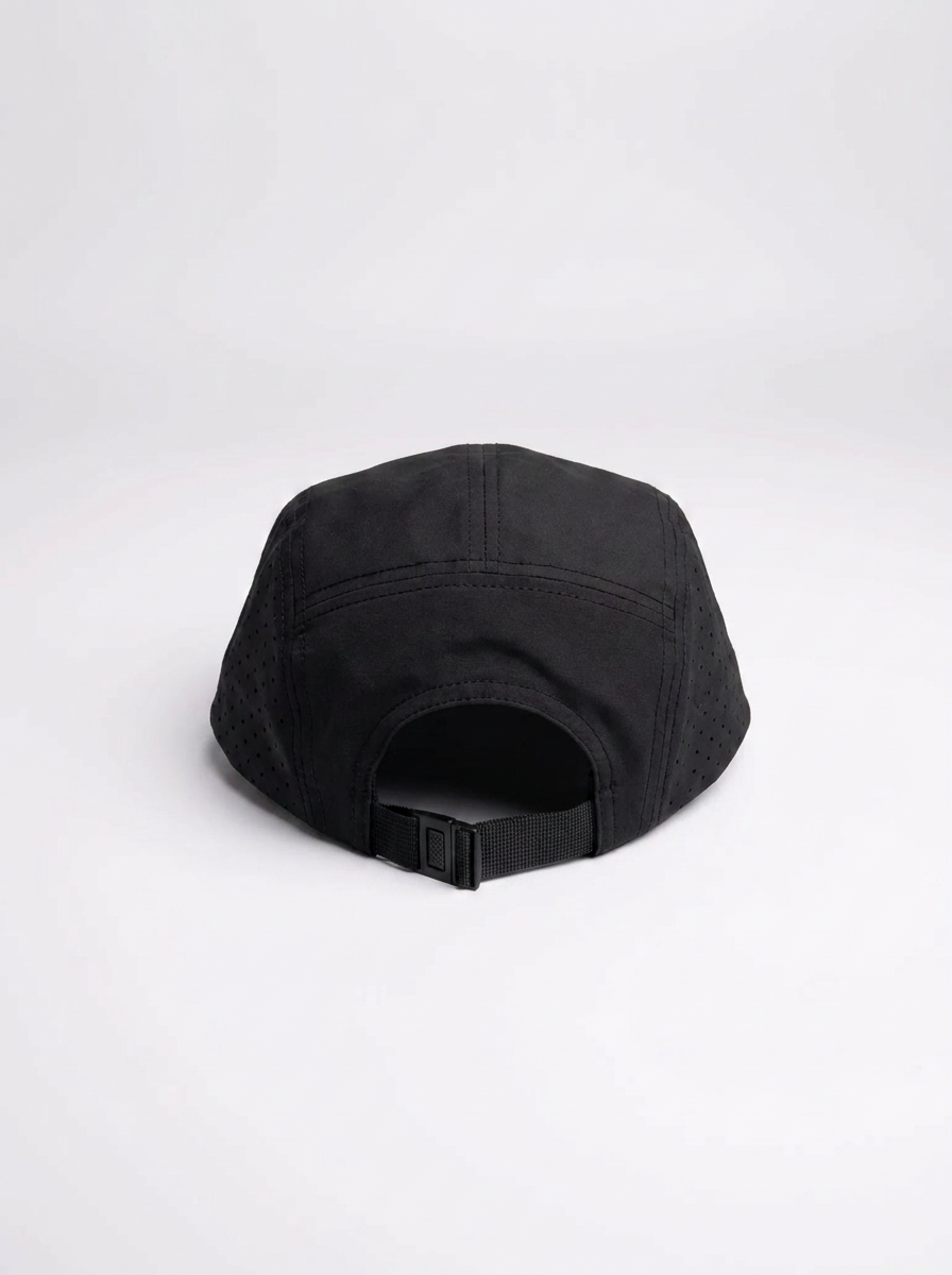 Back of the black 5 panel running cap with adjustable strap