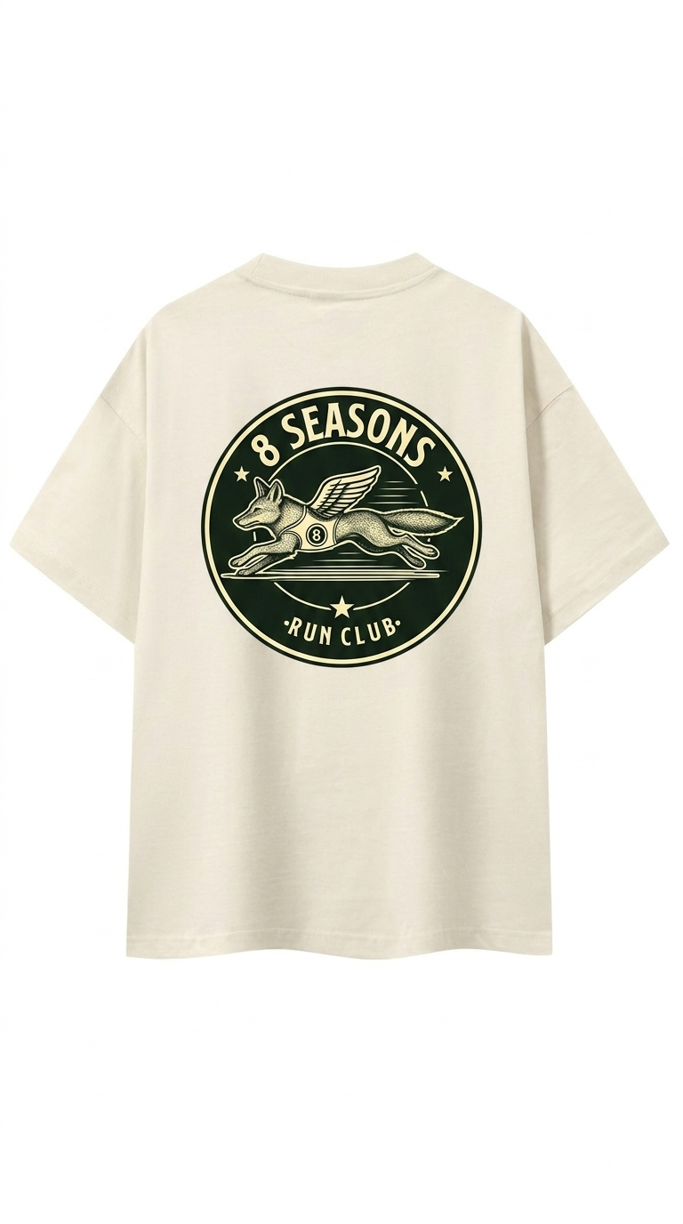 Back of the bone tee with the 8 Seasons winged-wolf Run Club badge